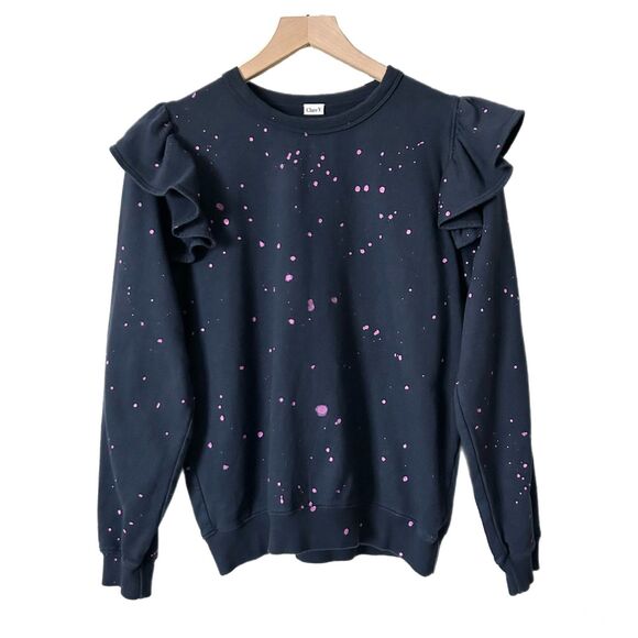 Clare V. Ruffle Sweatshirt in Navy Lavender Splash Size Small - Picture 2 of 7
